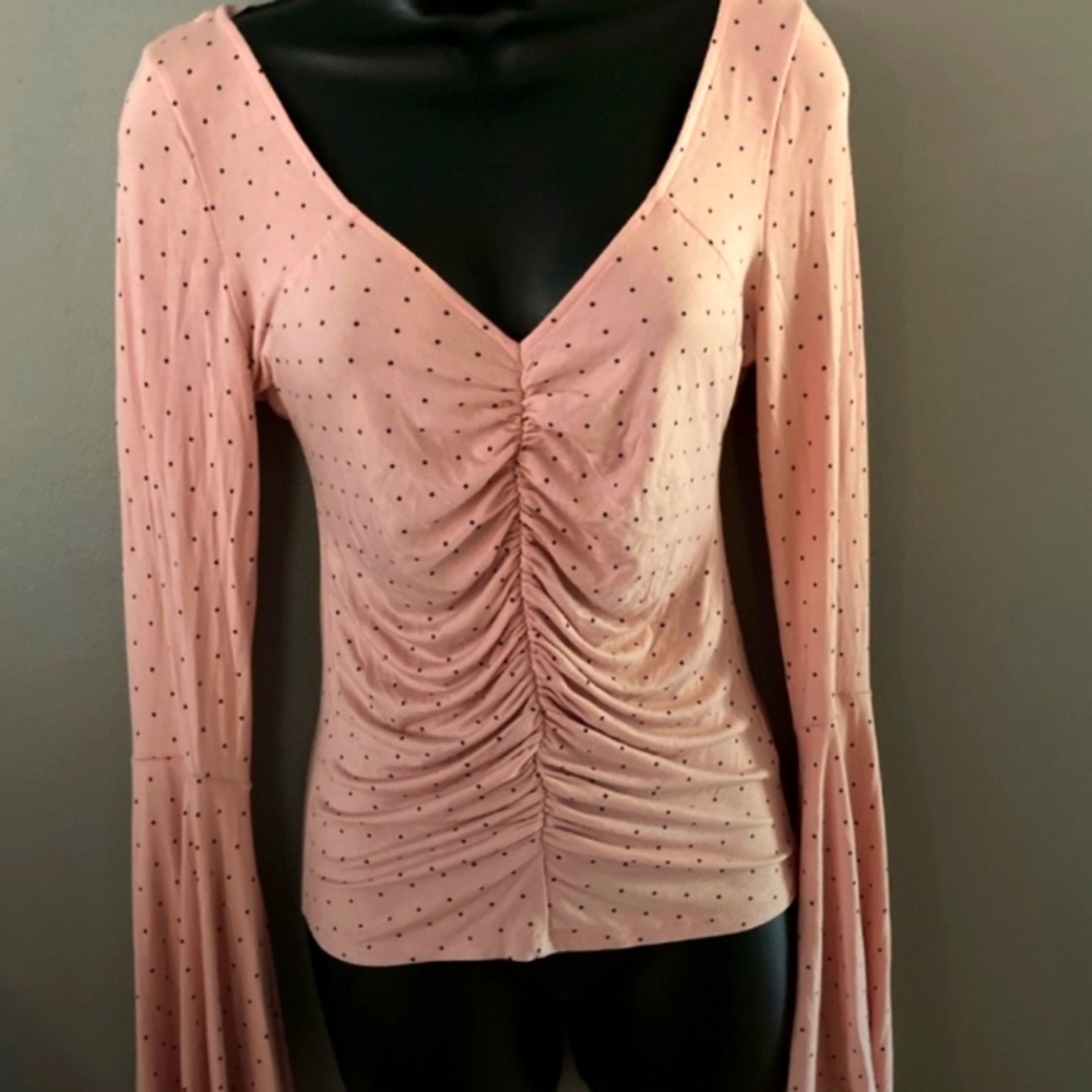Free People Long Sleeve Pink Polka Dot Ruched Gathered  Front Top Size XS Cotton